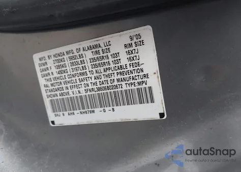 2006 Honda Odyssey Ex-L from USA, damaged, VIN 5FNRL38606B020672